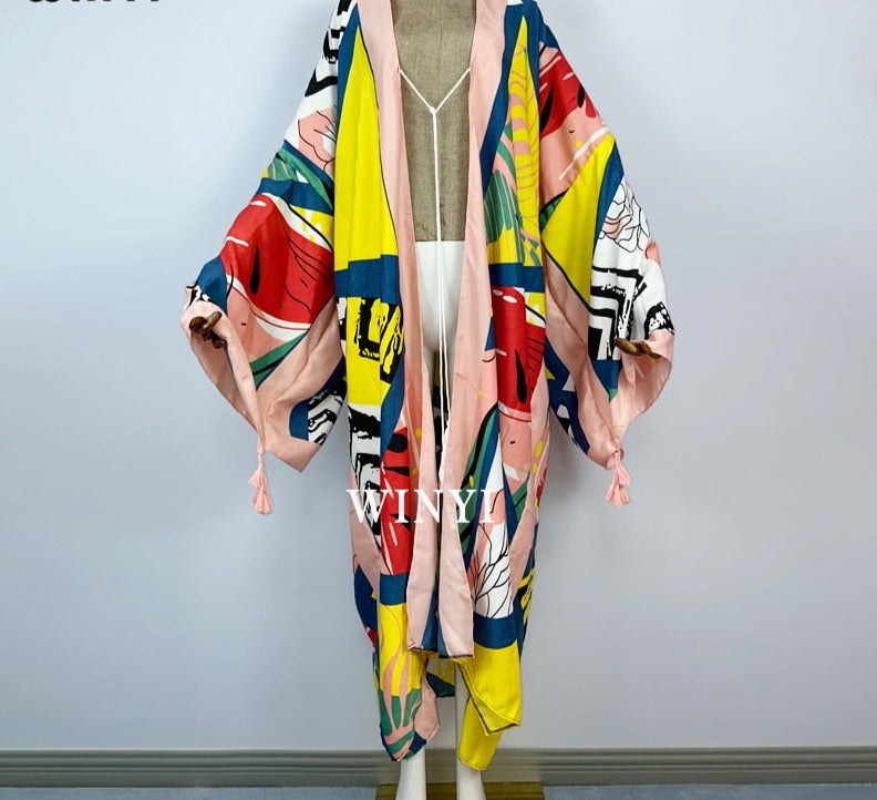 Boho Cotton Self Belted Tunic Kimono Wrap Dress