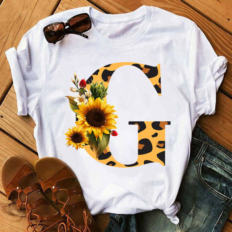 Leopard Sunflower Letter Print T- Shirt
