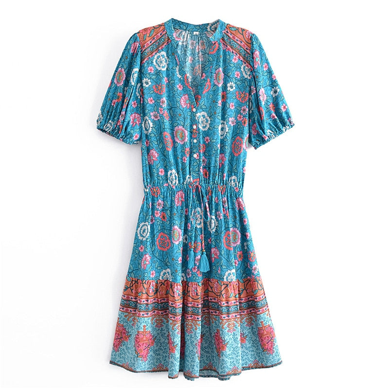 Boho Floral Button V-neck Tassel Happie Maxi Sundress