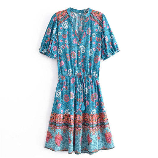 Boho Floral Button V-neck Tassel Happie Maxi Sundress
