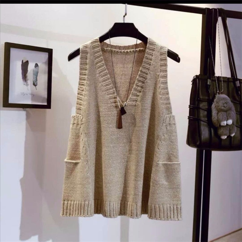 Oversized Pocket V-Neck Sleeveless Knitted Sweater Vest