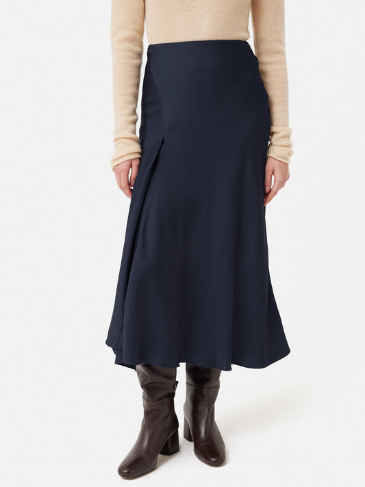 Satin Bias Asymmetric Skirt | Navy
