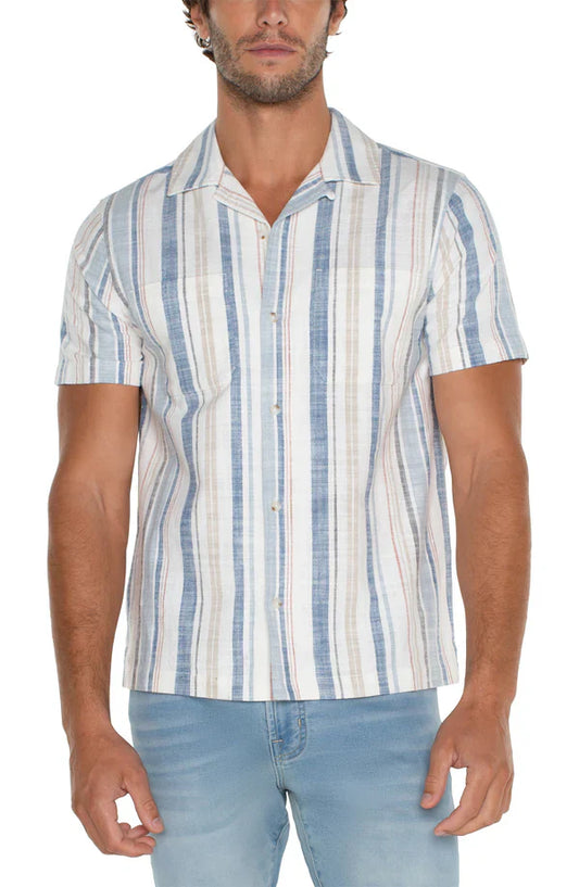 Short Sleeve Button up Camp Shirt in White Blue Red Multi