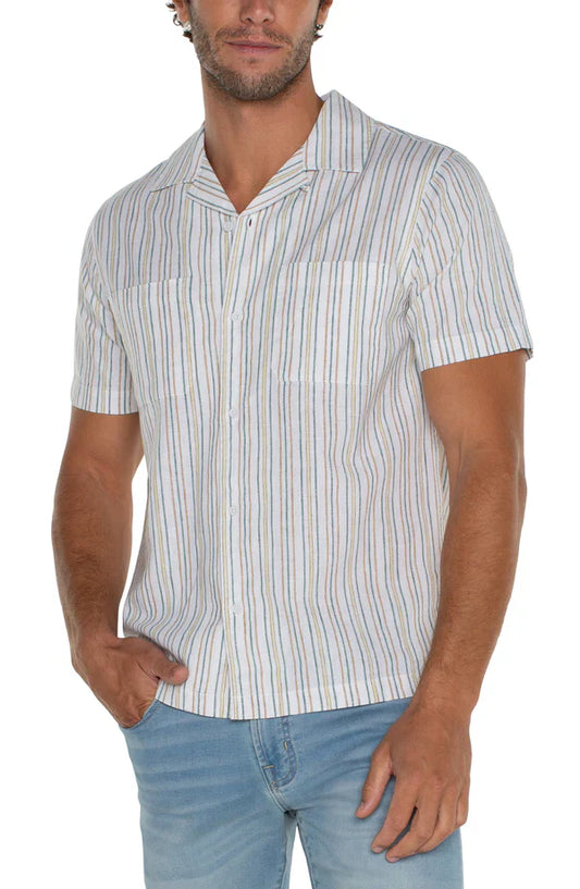 Short Sleeve  Button up Camp Shirt in White Aqua Multi Stripe