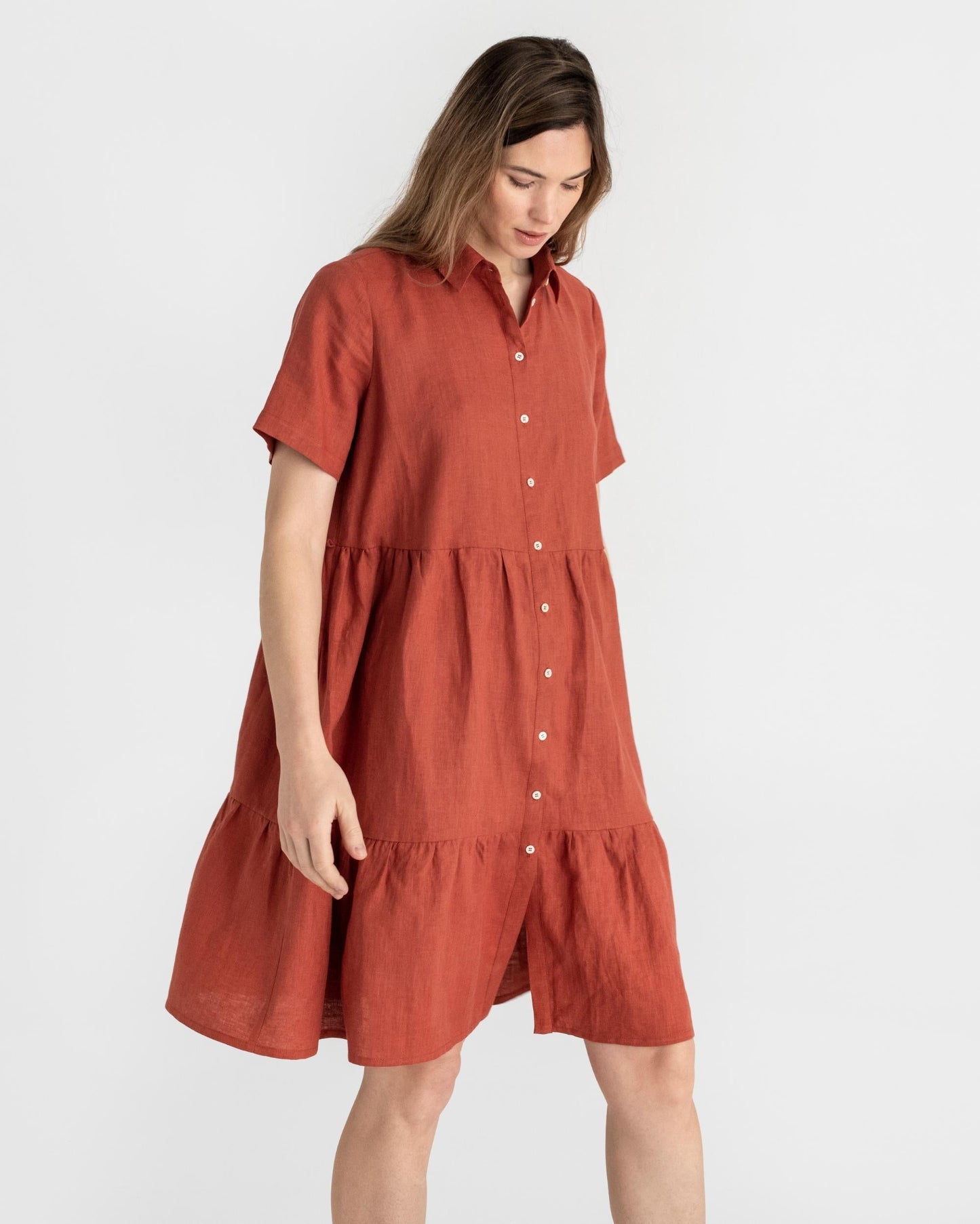 Tiered linen dress PETRA in Clay