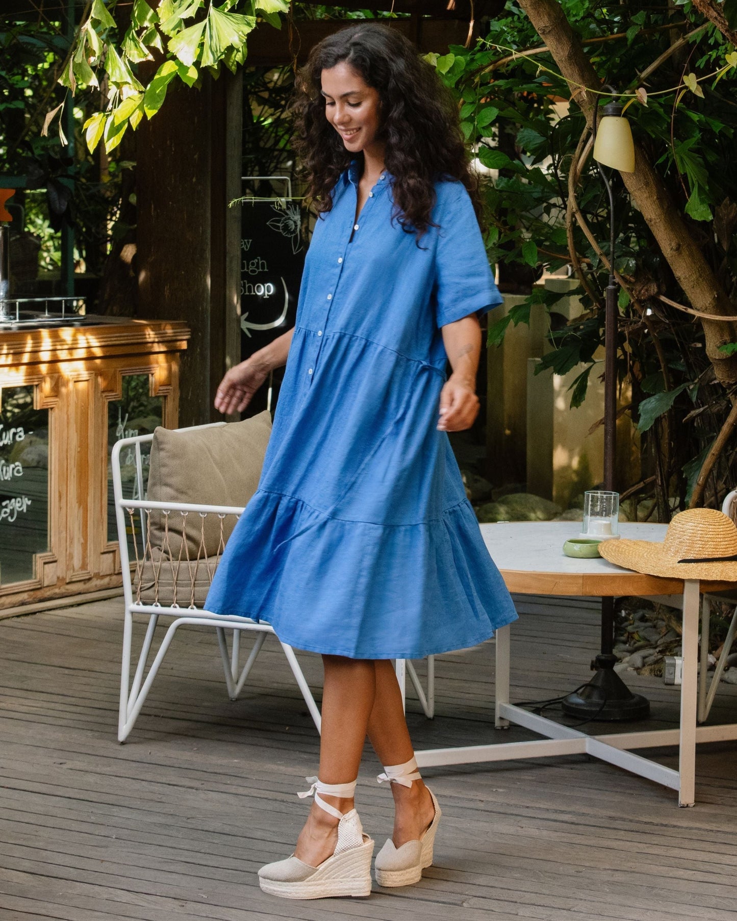 Tiered linen dress PETRA in Cobalt blue