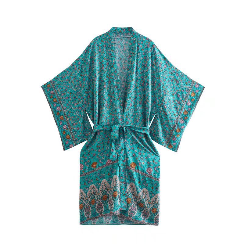 Boho Floral Print Casual V-neck Sashes Kimono Loose Robe Dress