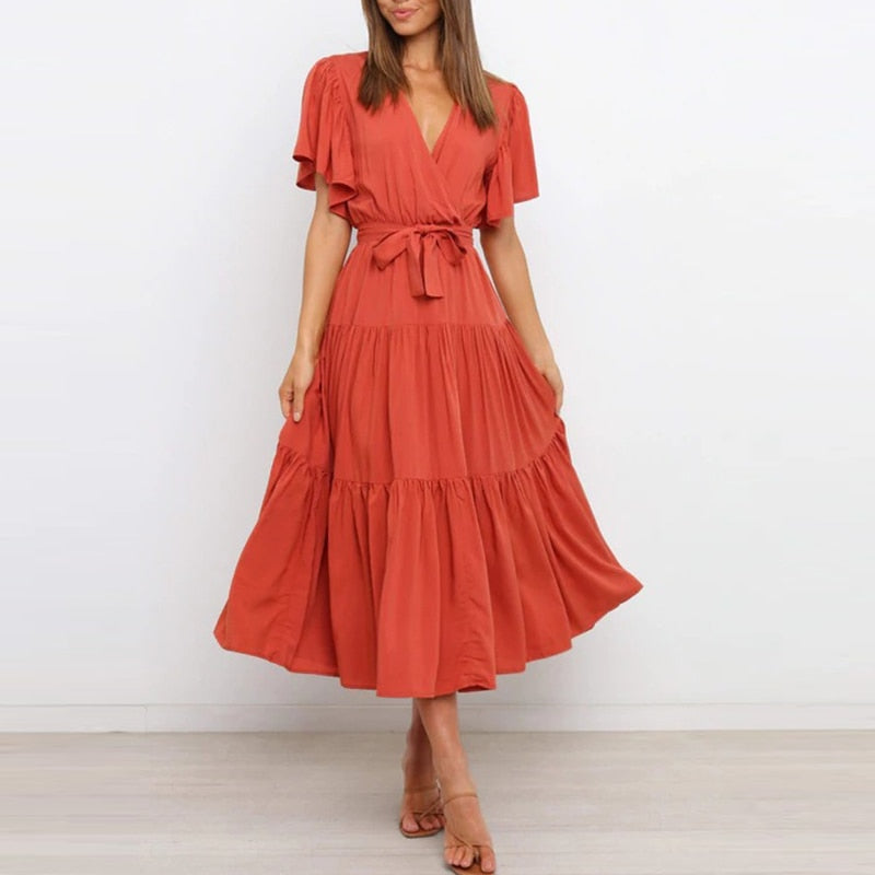Summer Lace-up Ruffled High Waist Bohemia Dress