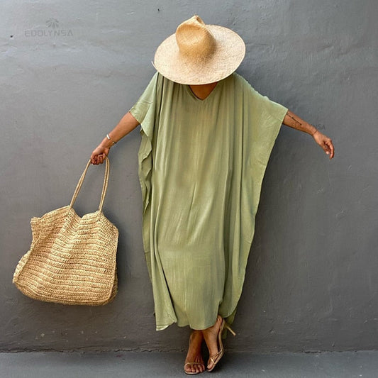 Solid Blue Plus Size Long Kaftan Casual Robe Maxi Dress