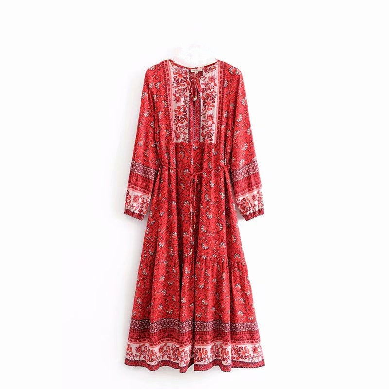 Elegant Lace-up Tassel FloralRayon Cotton Maxi Dress