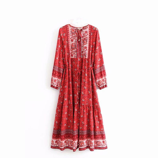 Elegant Lace-up Tassel FloralRayon Cotton Maxi Dress