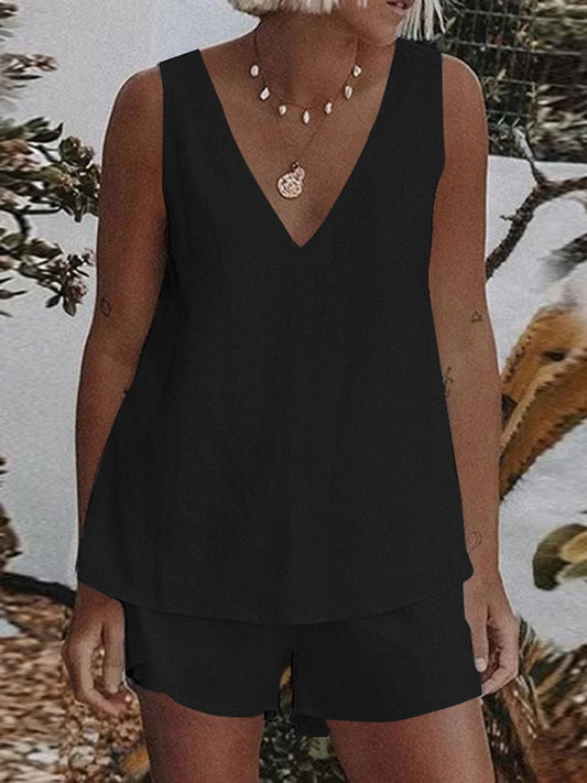 Solid Cotton Sleeveless Casual Tank Top and Shorts Matching Set