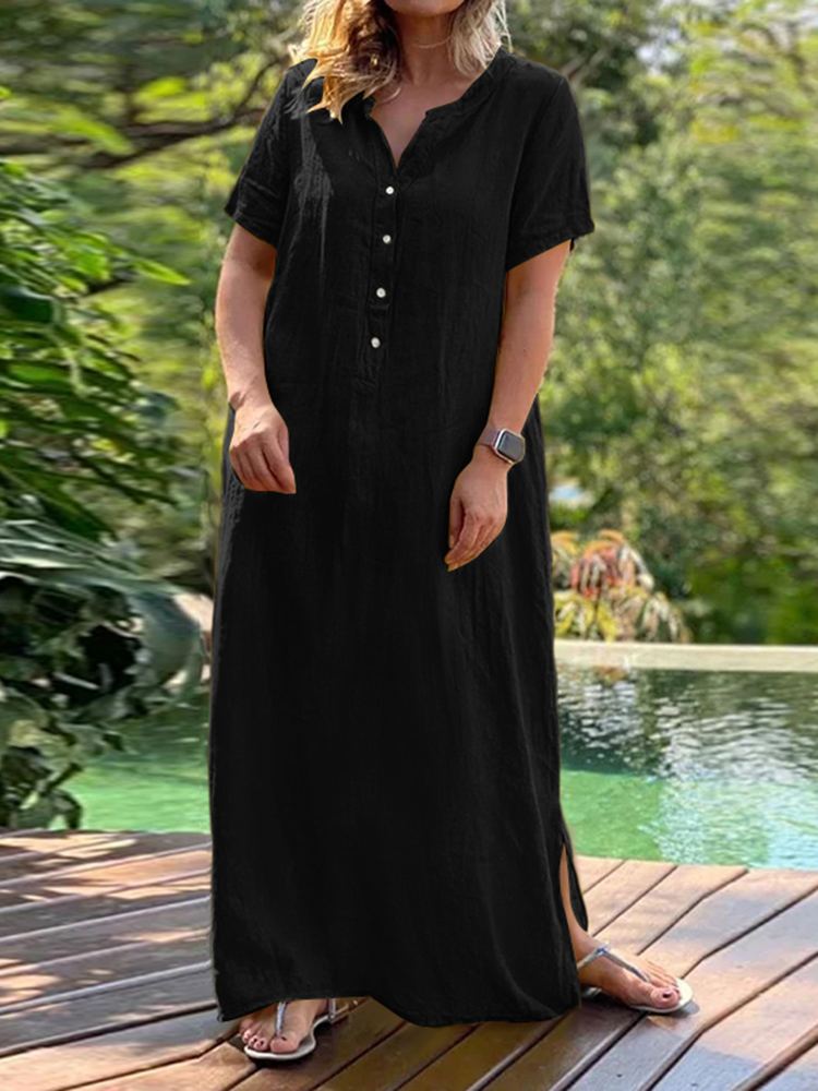 Vintage Solid Cotton Kaftan Short Sleeve Sundress