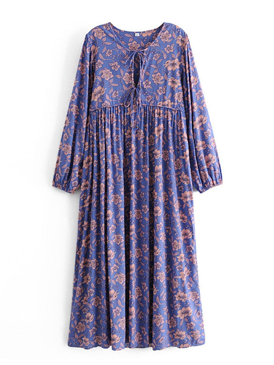 Vintage Chic Floral Print Rayon Happie Pleated Maxi Dress