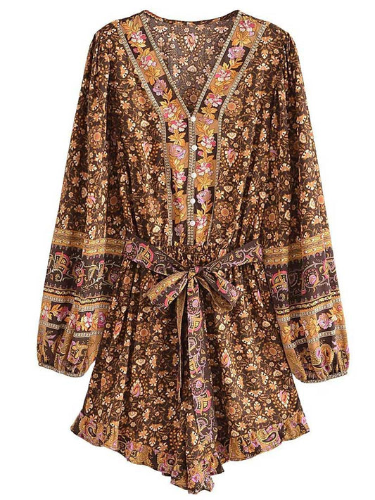 Vintage Floral Long Sleeve Belted Romper