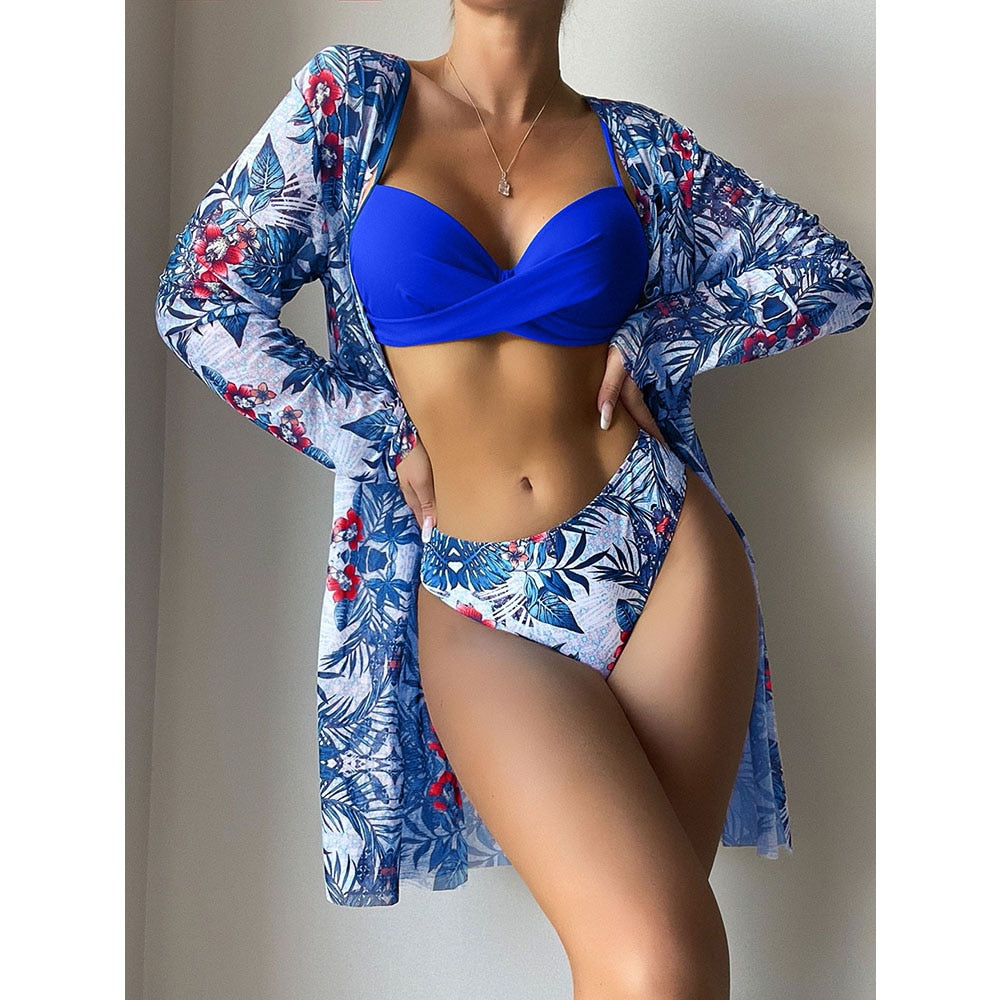 Women Printed High Waist Sexy Bikini And Cover Set - XL