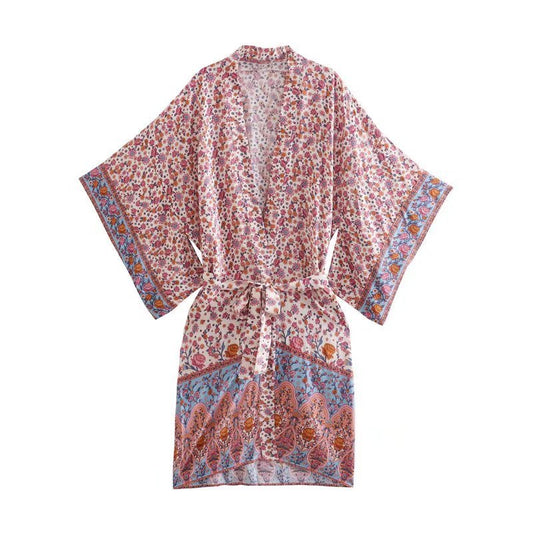 Boho Floral Print Casual V-neck Sashes Kimono Loose Robe Dress