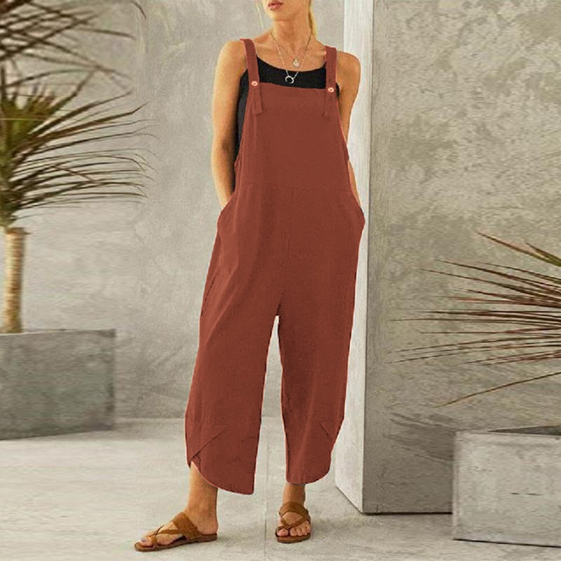 Solid Color Pocket Cotton Linen Strap Loose Jumpsuit