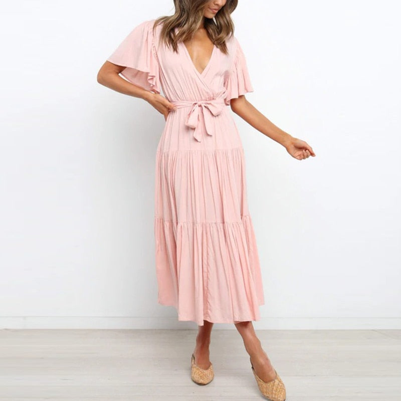 Summer Lace-up Ruffled High Waist Bohemia Dress