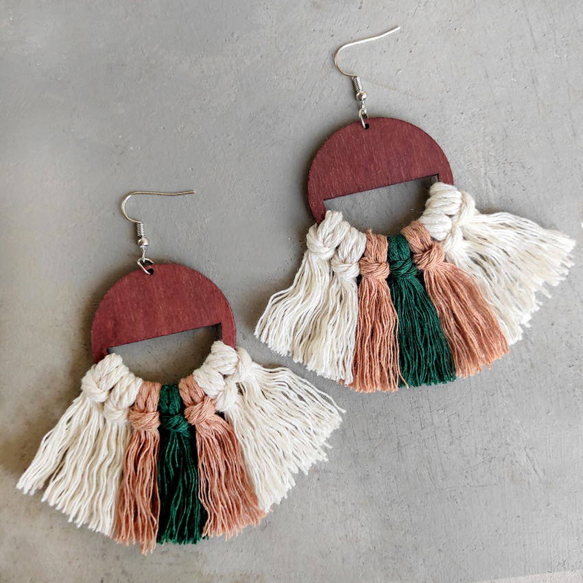 Boho Handmade Wooden Cotton Macrame Tassel Earrings