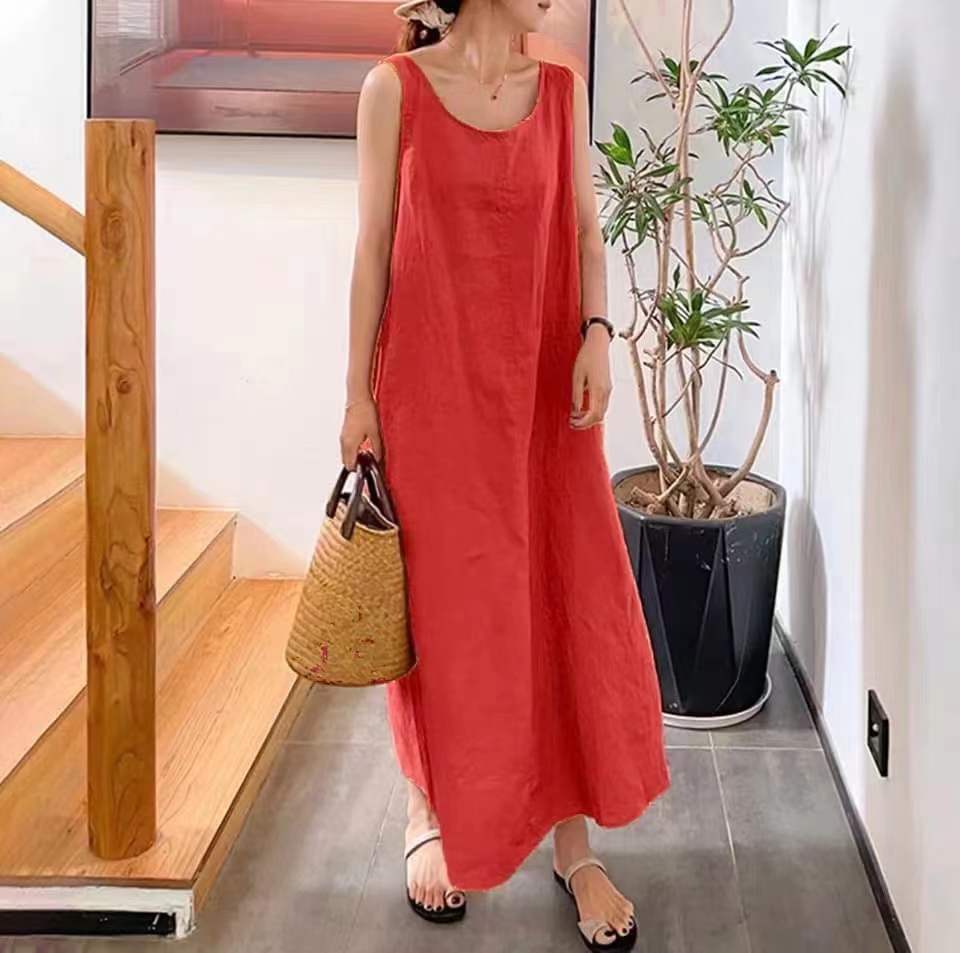 Elegant Solid Puff Sleeve Cotton Linen Dress