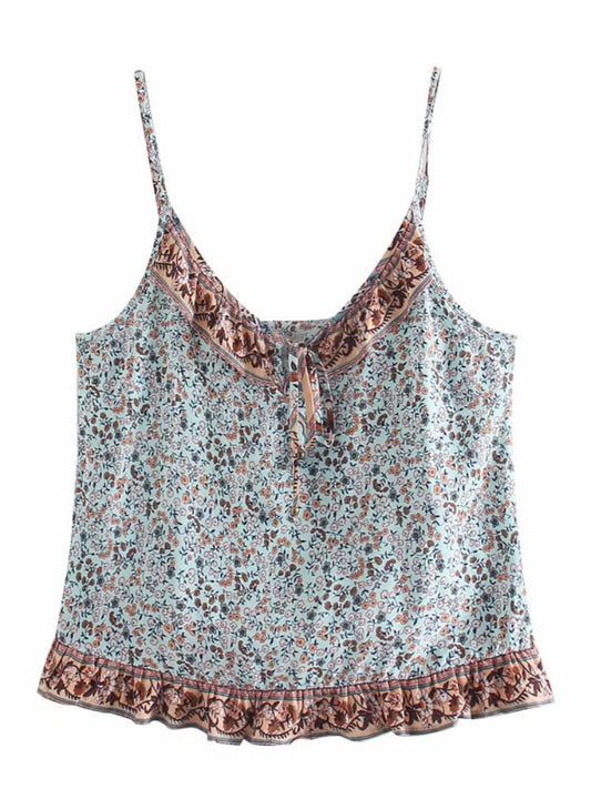 Boho Floral Print Rayon Cotton Camis Ruffles Sleeveless Crop Top