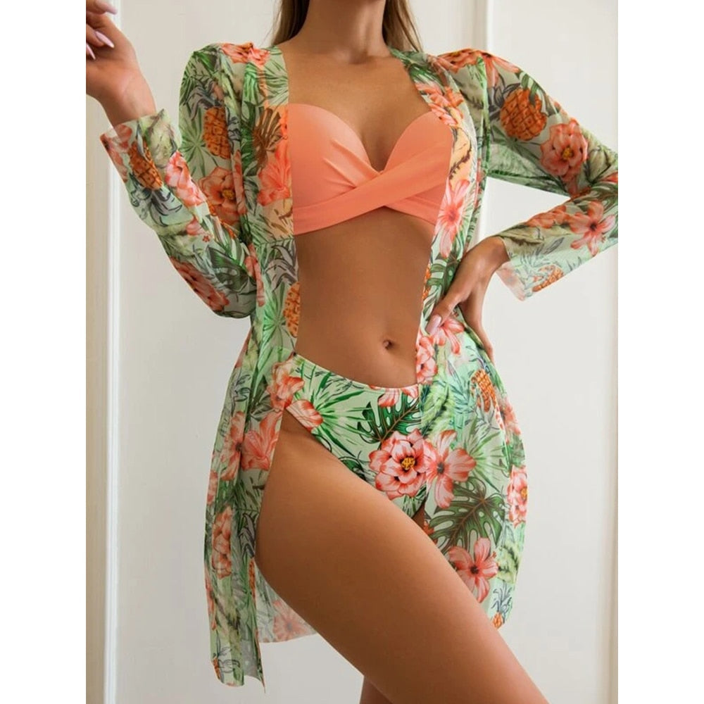 Women Printed High Waist Sexy Bikini And Cover Set - Large