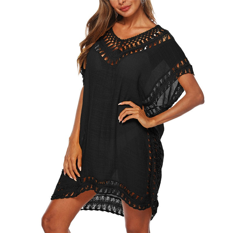 Sexy Hollow Out Solid Loose Tunic Bikini Cover Up Dress