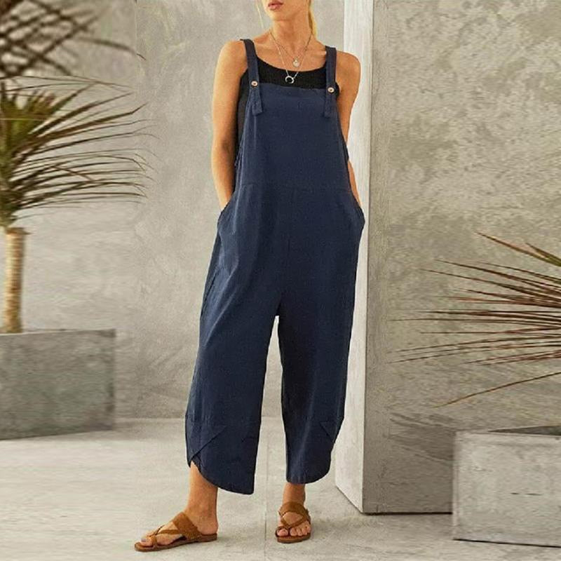 Solid Color Pocket Cotton Linen Strap Loose Jumpsuit