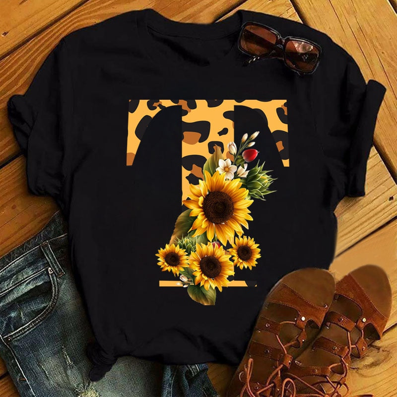 Leopard Sunflower Letter Print T- Shirt