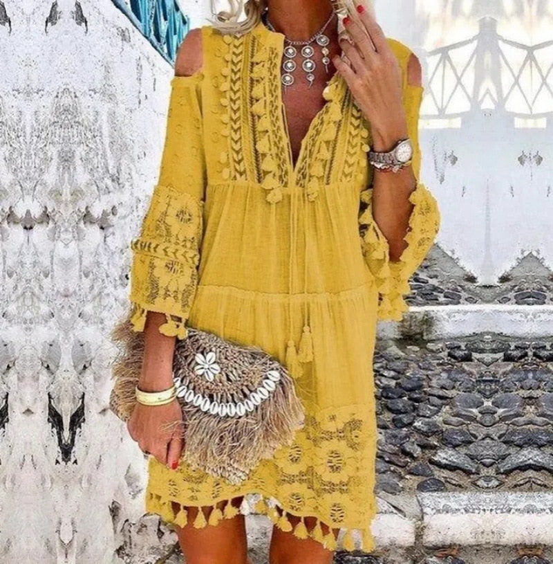 Seven Sleeve Loose Fit Tassel Boho Dress