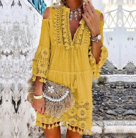 Seven Sleeve Loose Fit Tassel Boho Dress