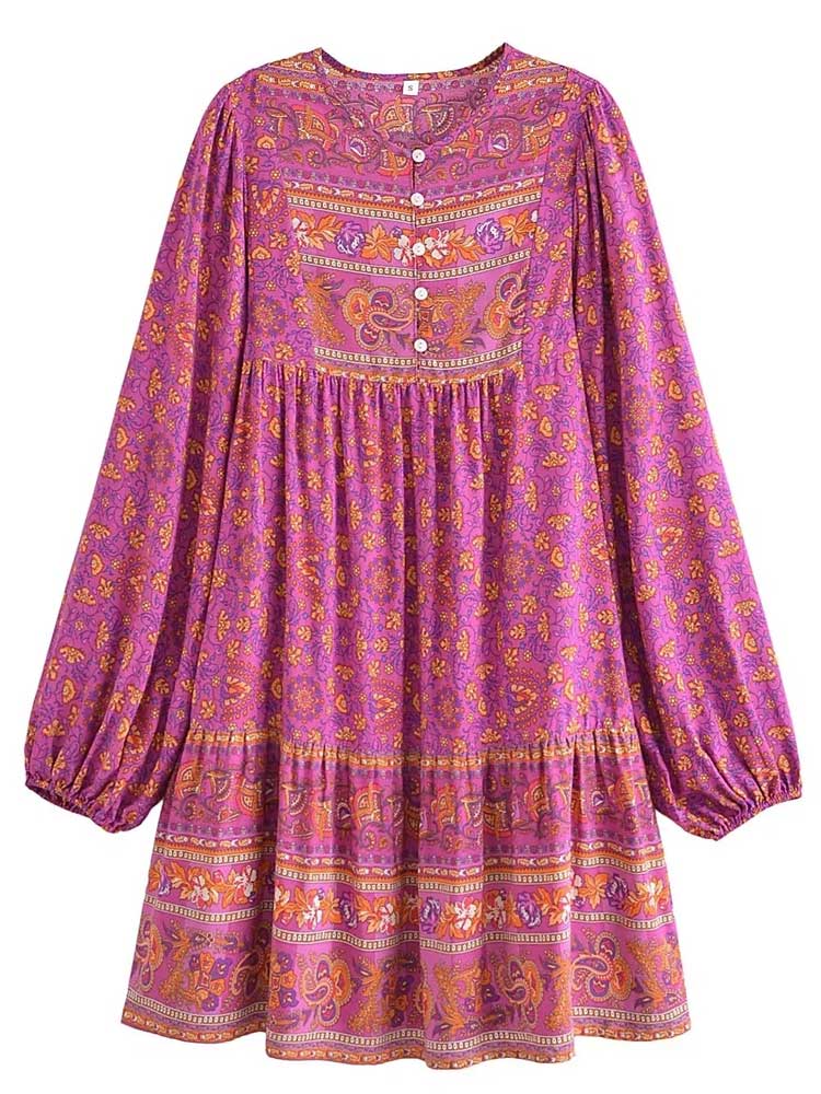 Boho Floral Print Cute Loose Fit Casual Mini Dress