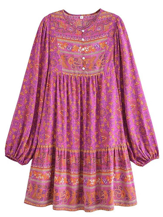 Boho Floral Print Cute Loose Fit Casual Mini Dress
