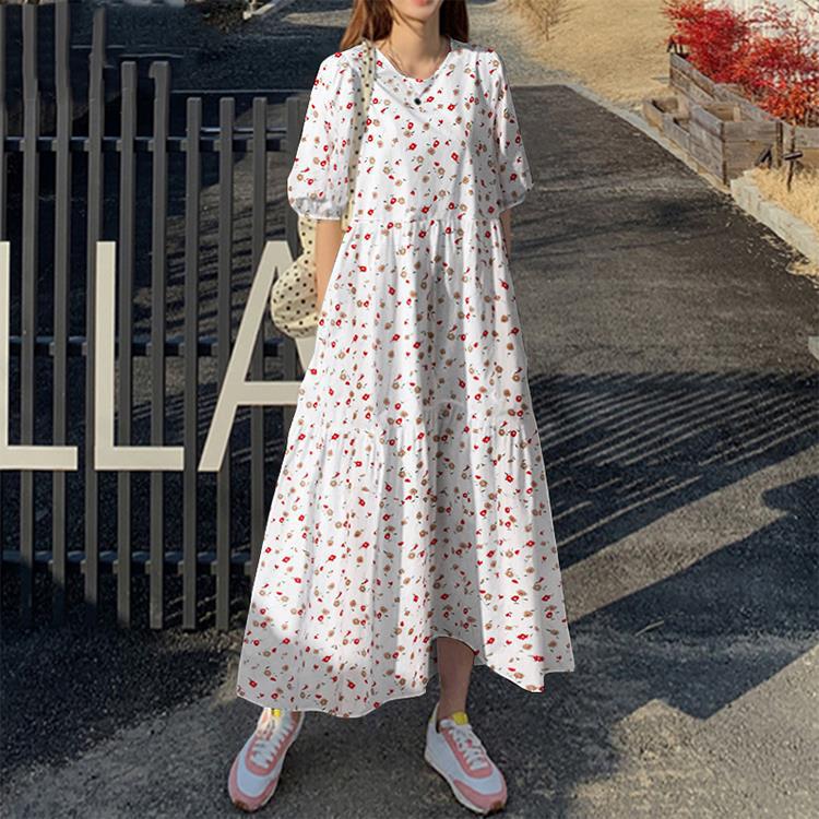 Elegant Solid Puff Sleeve Cotton Linen Dress