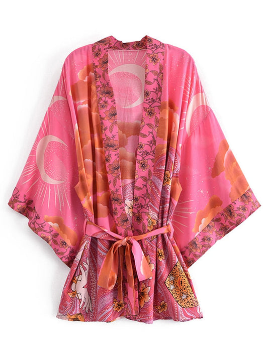 Bohemian Star and Moon Floral Print Sashes Kimono Short Robe
