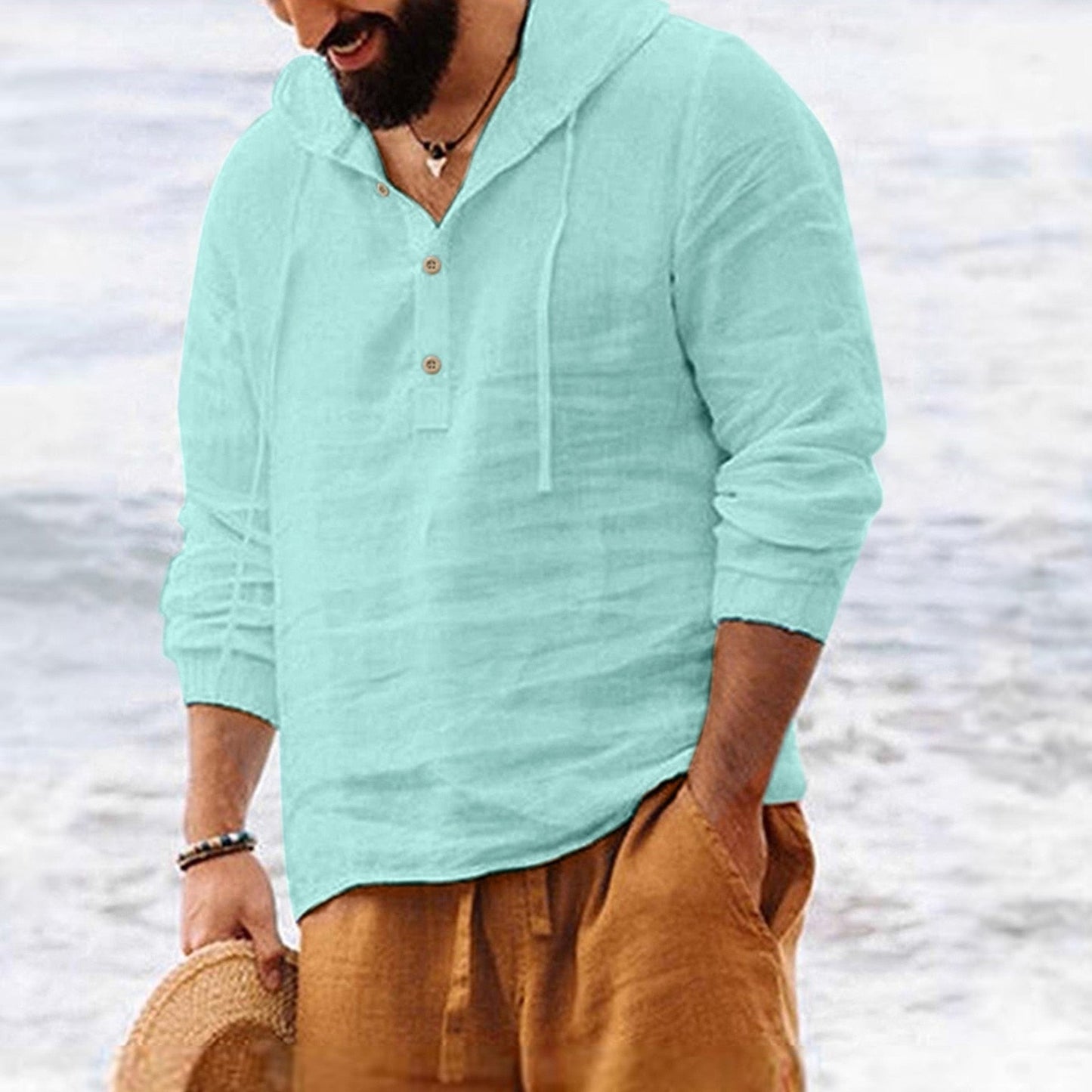 Autumn Hooded Solid Color Cotton Buttons Beach Shirt
