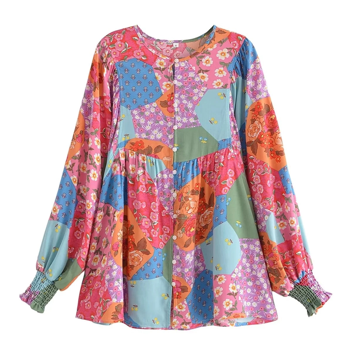Boho Floral Print Patchwork Cotton Gypsy Blouse