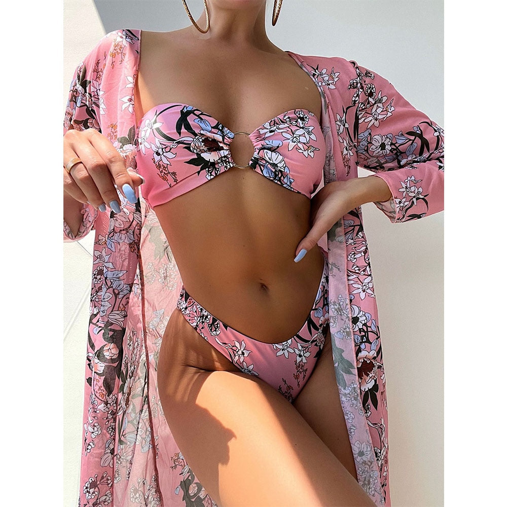 Women Printed High Waist Sexy Bikini And Cover Set - XL