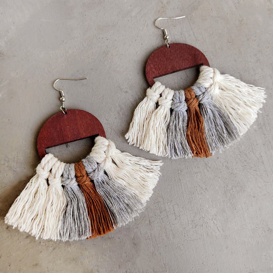 Boho Handmade Wooden Cotton Macrame Tassel Earrings