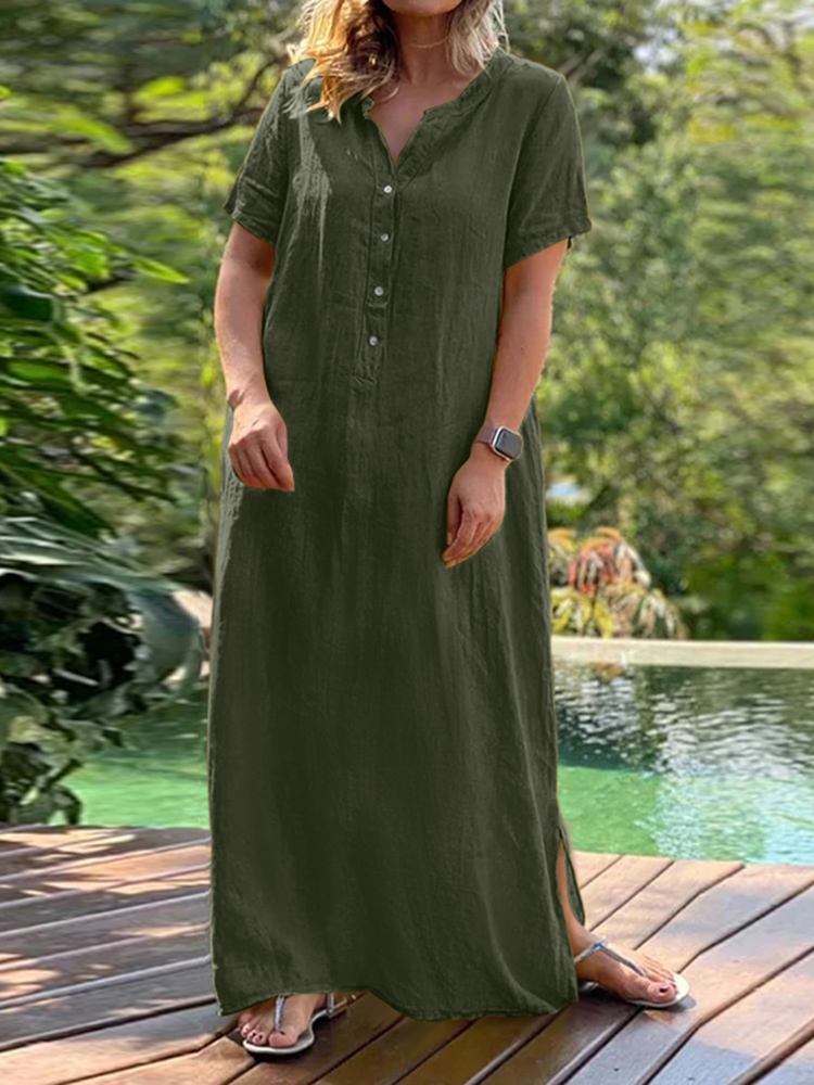 Vintage Solid Cotton Kaftan Short Sleeve Sundress