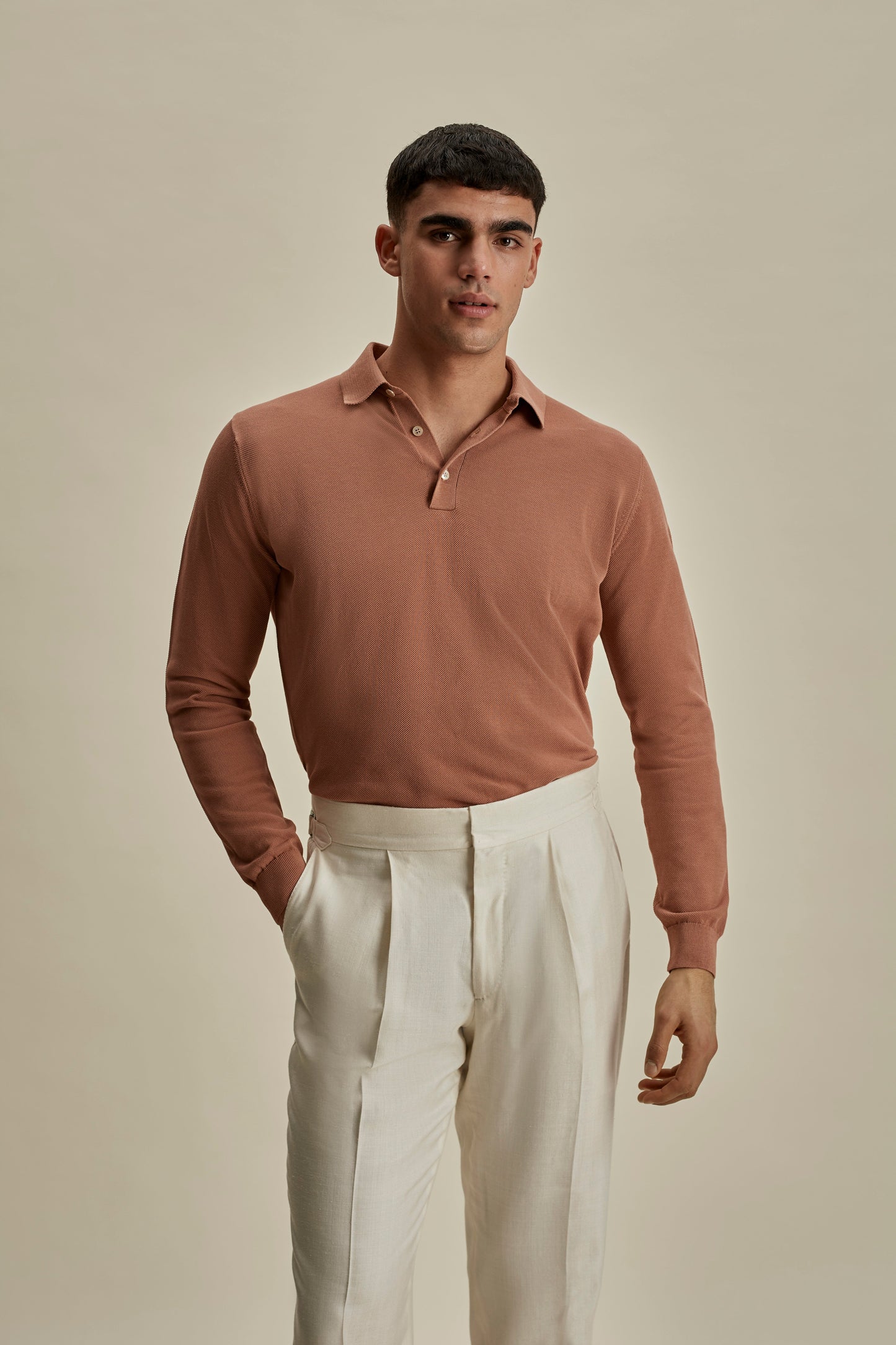 Cotton Air Crepe Long Sleeve Polo Shirt