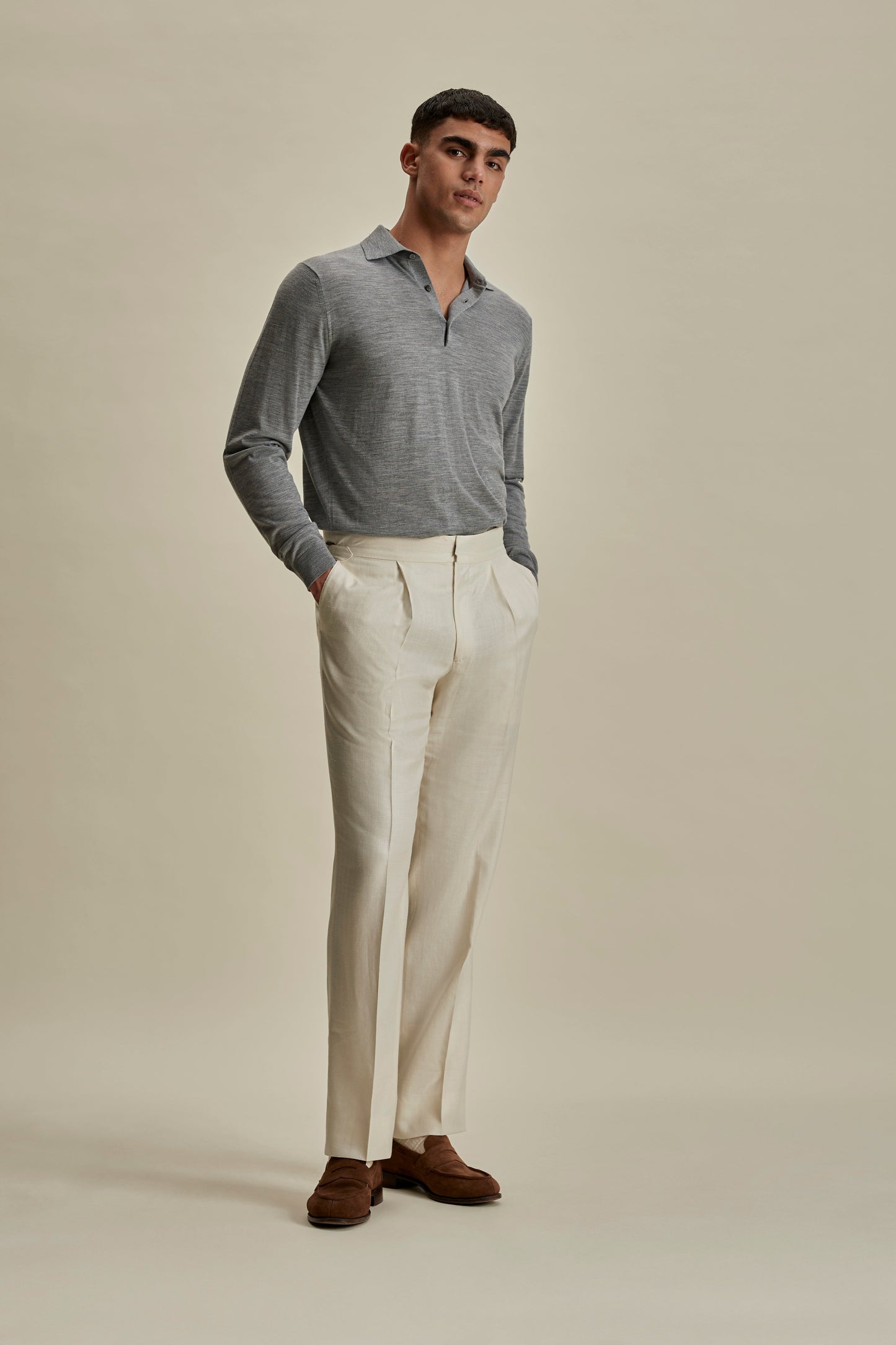 Merino Wool Fine Gauge Long Sleeve Polo Shirt
