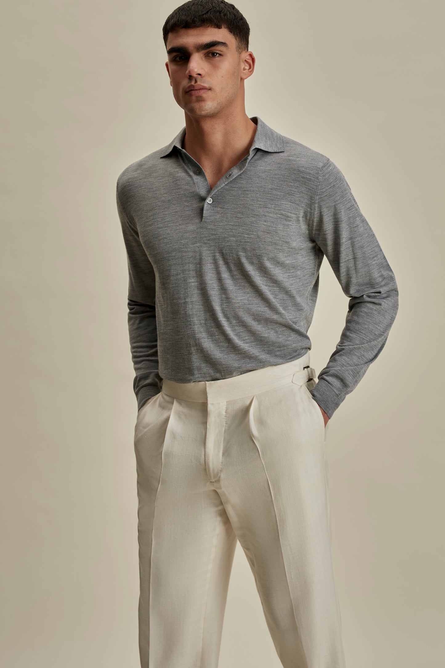 Merino Wool Fine Gauge Long Sleeve Polo Shirt