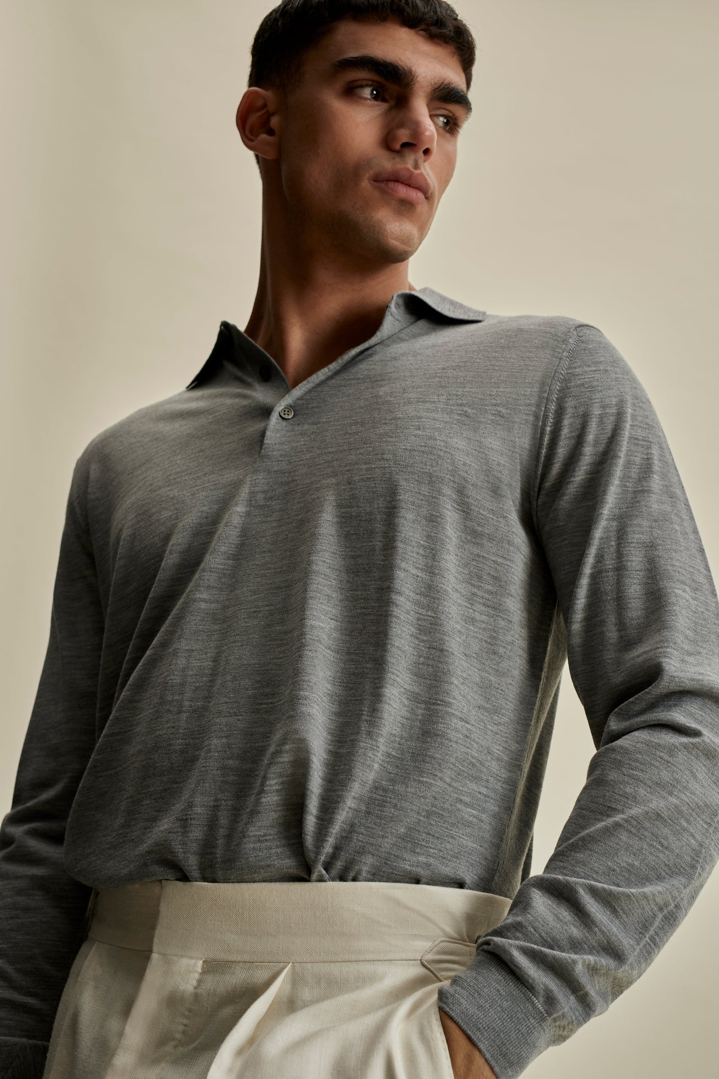 Merino Wool Fine Gauge Long Sleeve Polo Shirt