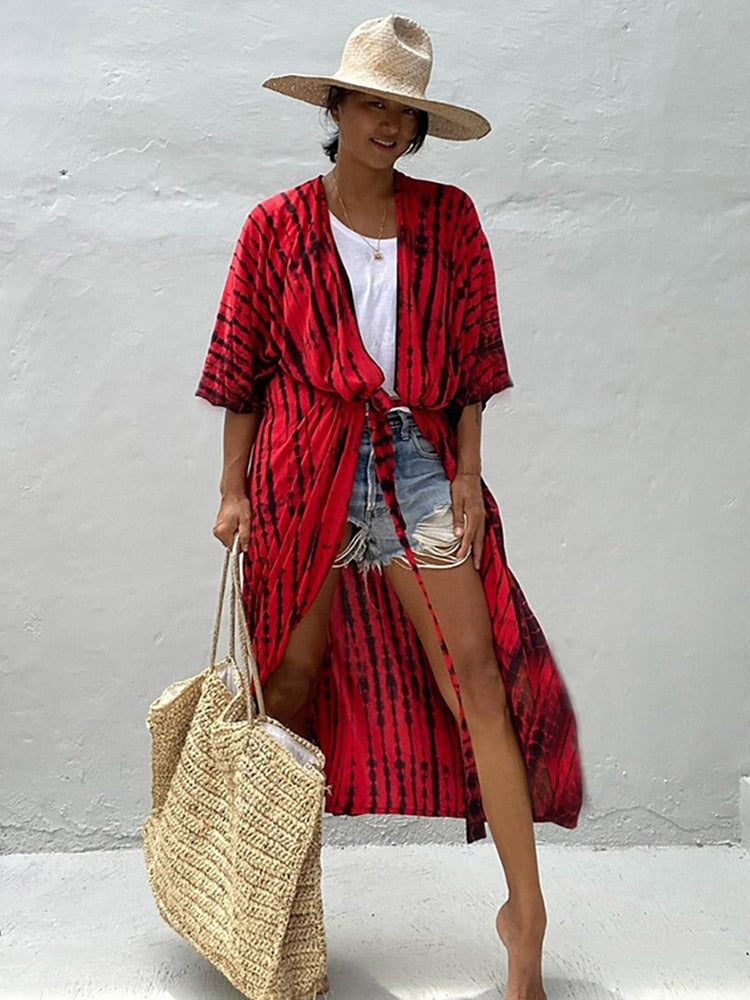 Boho  Stripes Tie Dye Bikini Cover-ups Beach Kimono Dress