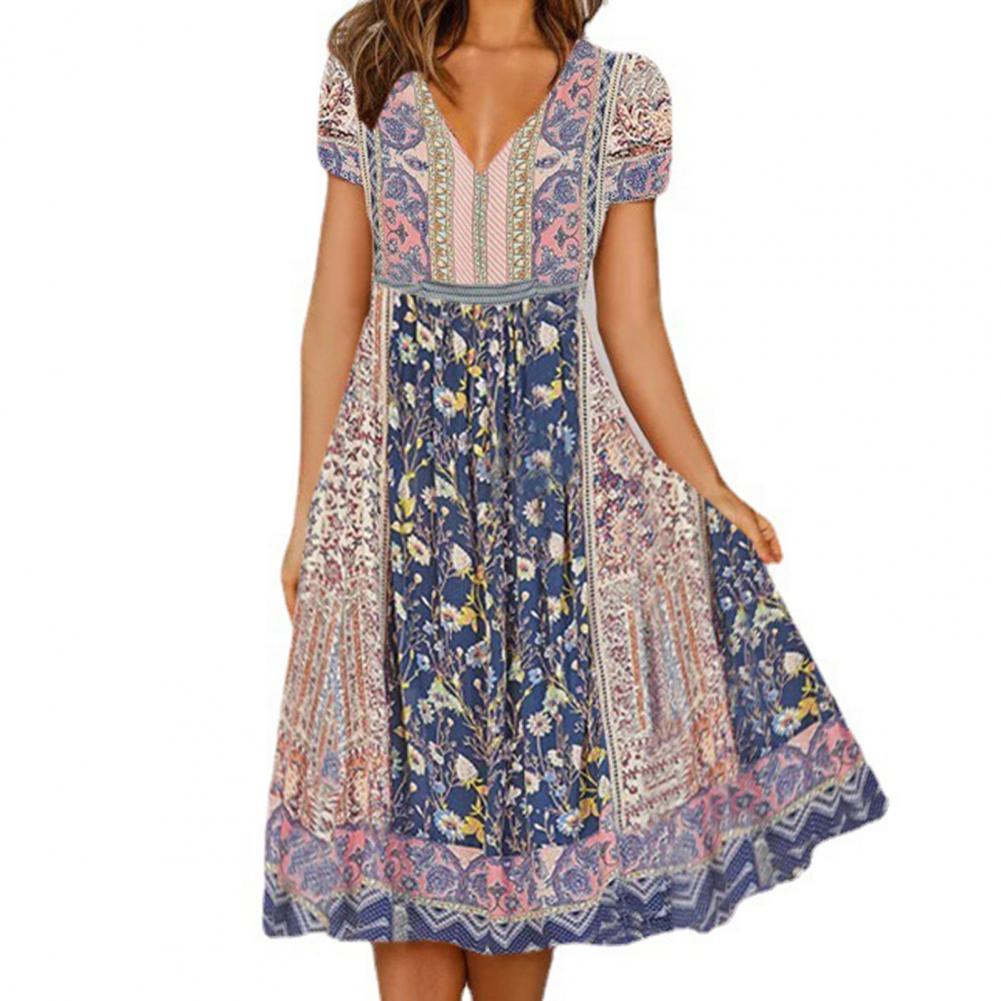 Vintage Floral Print Splicing V-Neck Midi Maxi Dress