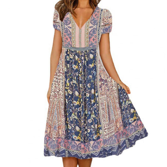 Vintage Floral Print Splicing V-Neck Midi Maxi Dress