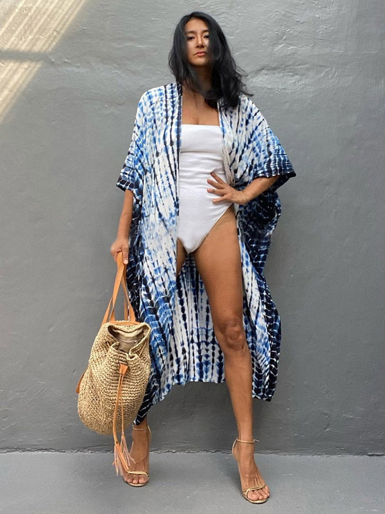 Boho  Stripes Tie Dye Bikini Cover-ups Beach Kimono Dress