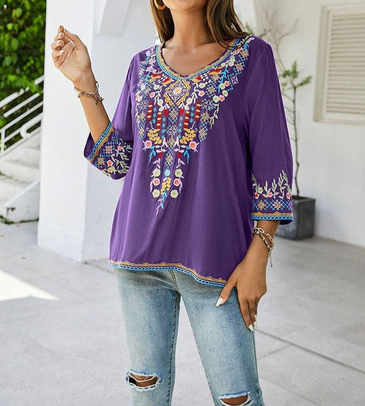 Boho Floral Chic Embroidered Hippie Shirt Blouse